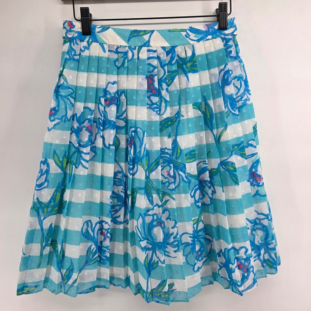 Lilly Pulitzer Pleated Floral Striped Midi Skirt Women Size 2 blue bright preppy